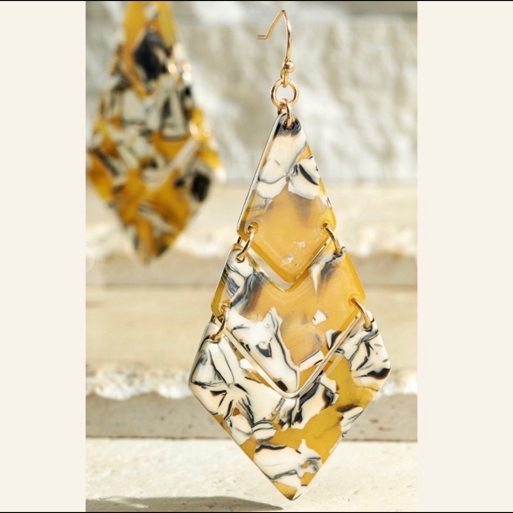 NEW Tiered Chevron Boutique Earrings Glossy Yellow and White